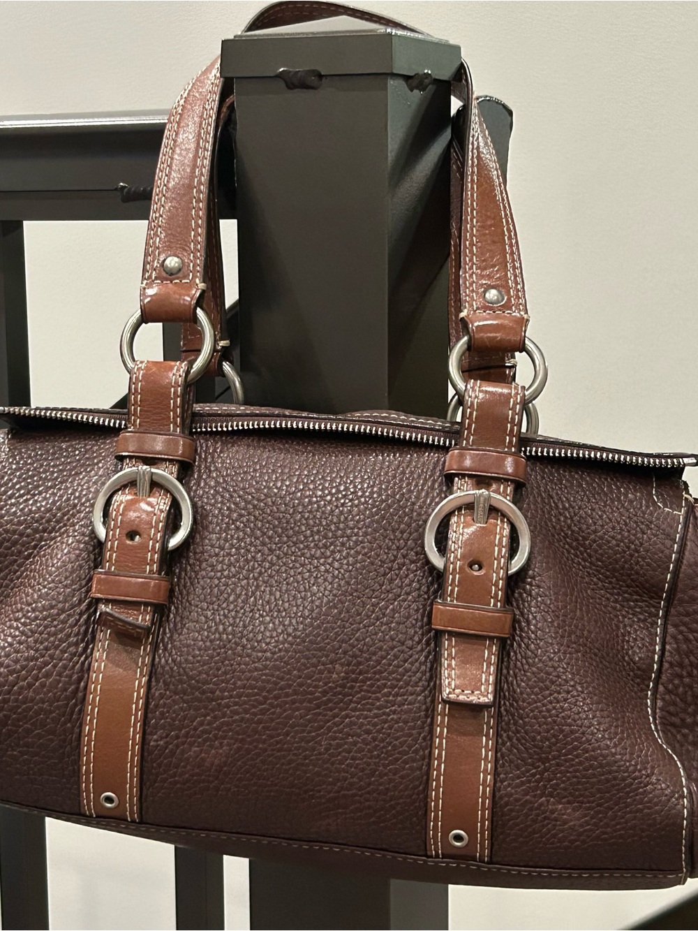 Coach Dark Brown Pebbled Leather Shoulder Bag with Tan Straps